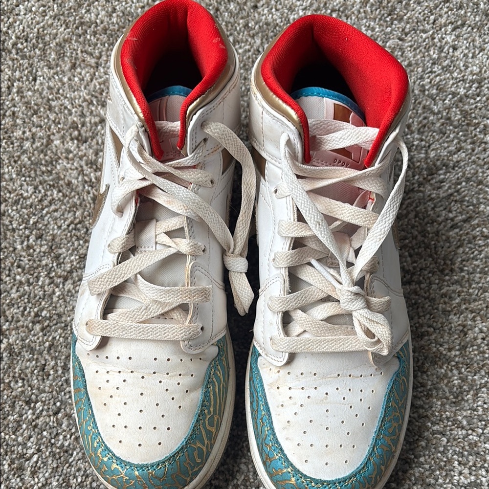Kids White and Teal High-Top Sneakers